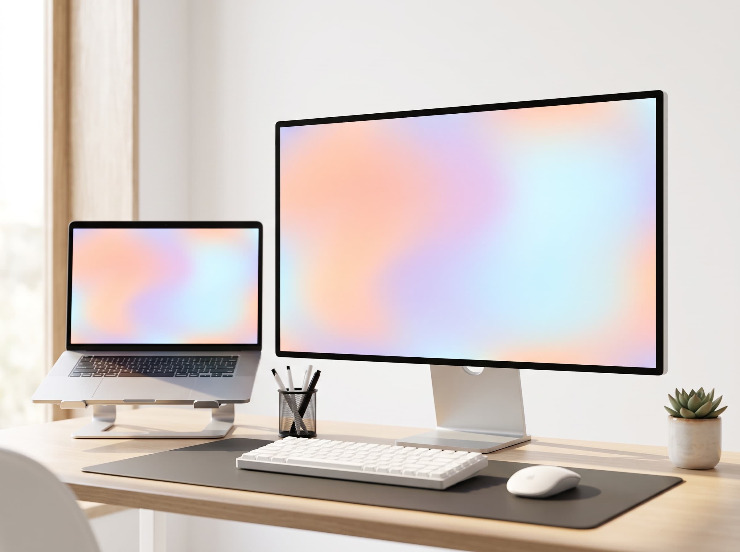 Desk setup showing Gradient Mesh wallpaper