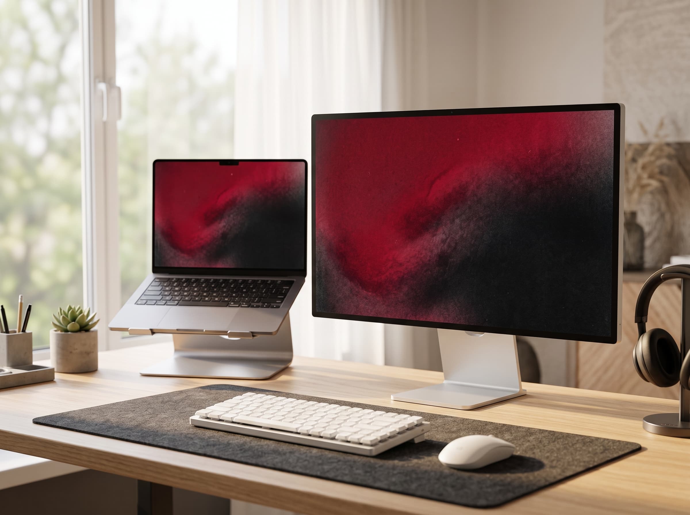 Desk setup showing Grainy Gradients wallpaper