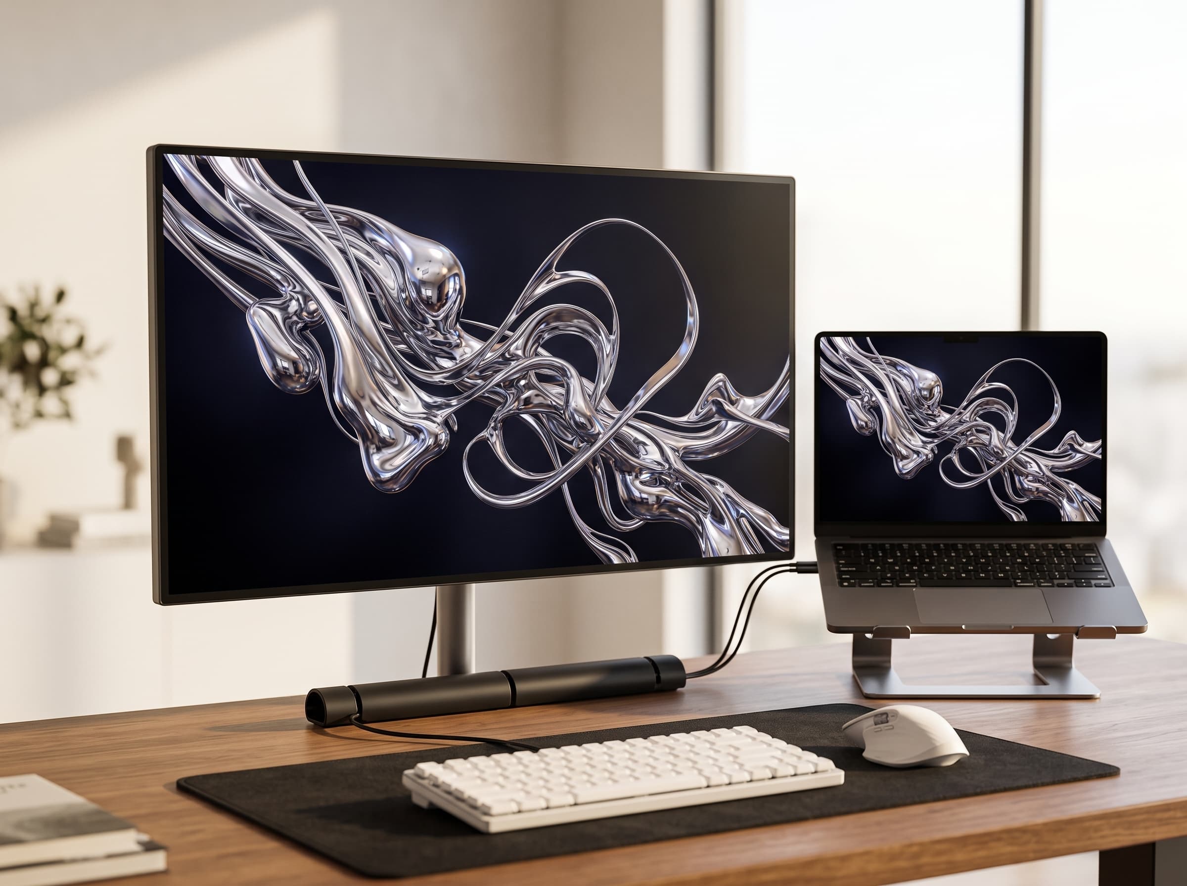 Desk setup showing Liquid Chrome wallpaper