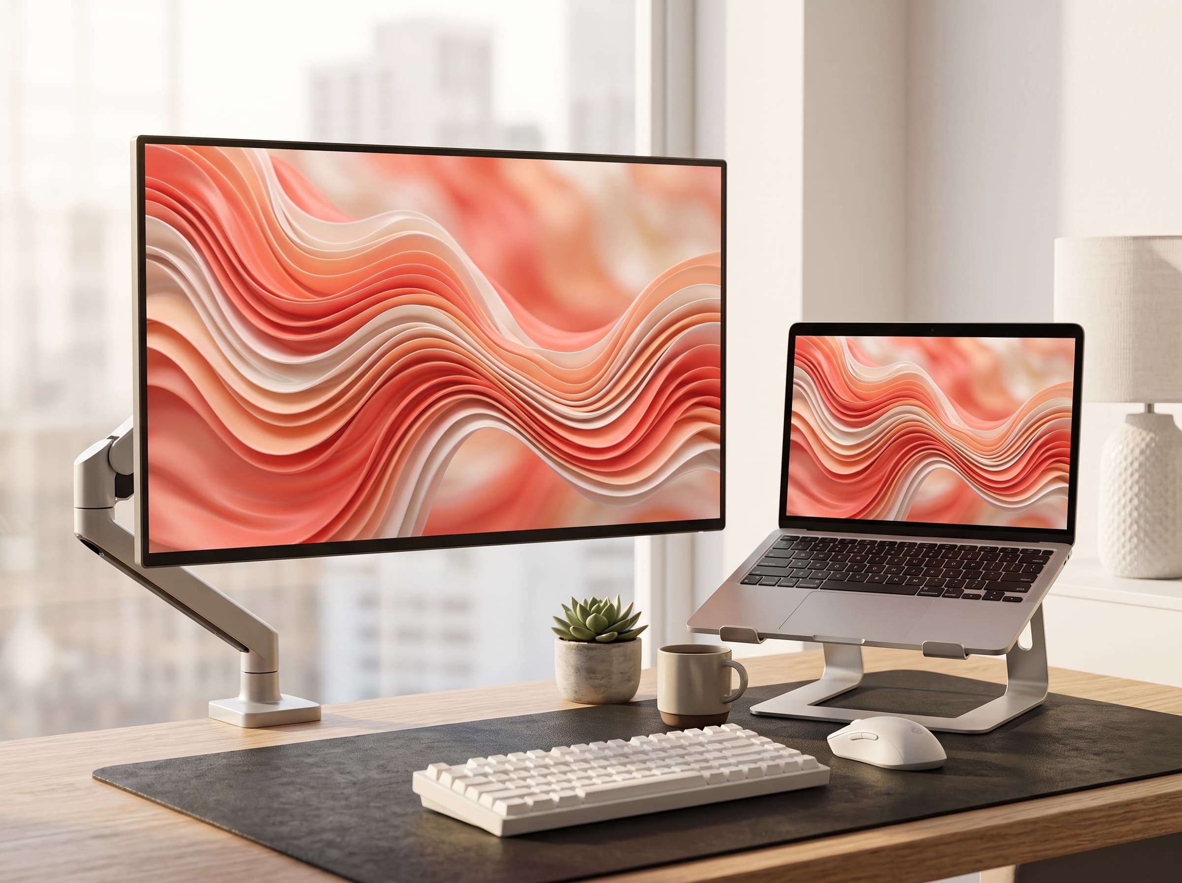 Desk setup showing Color Waves wallpaper