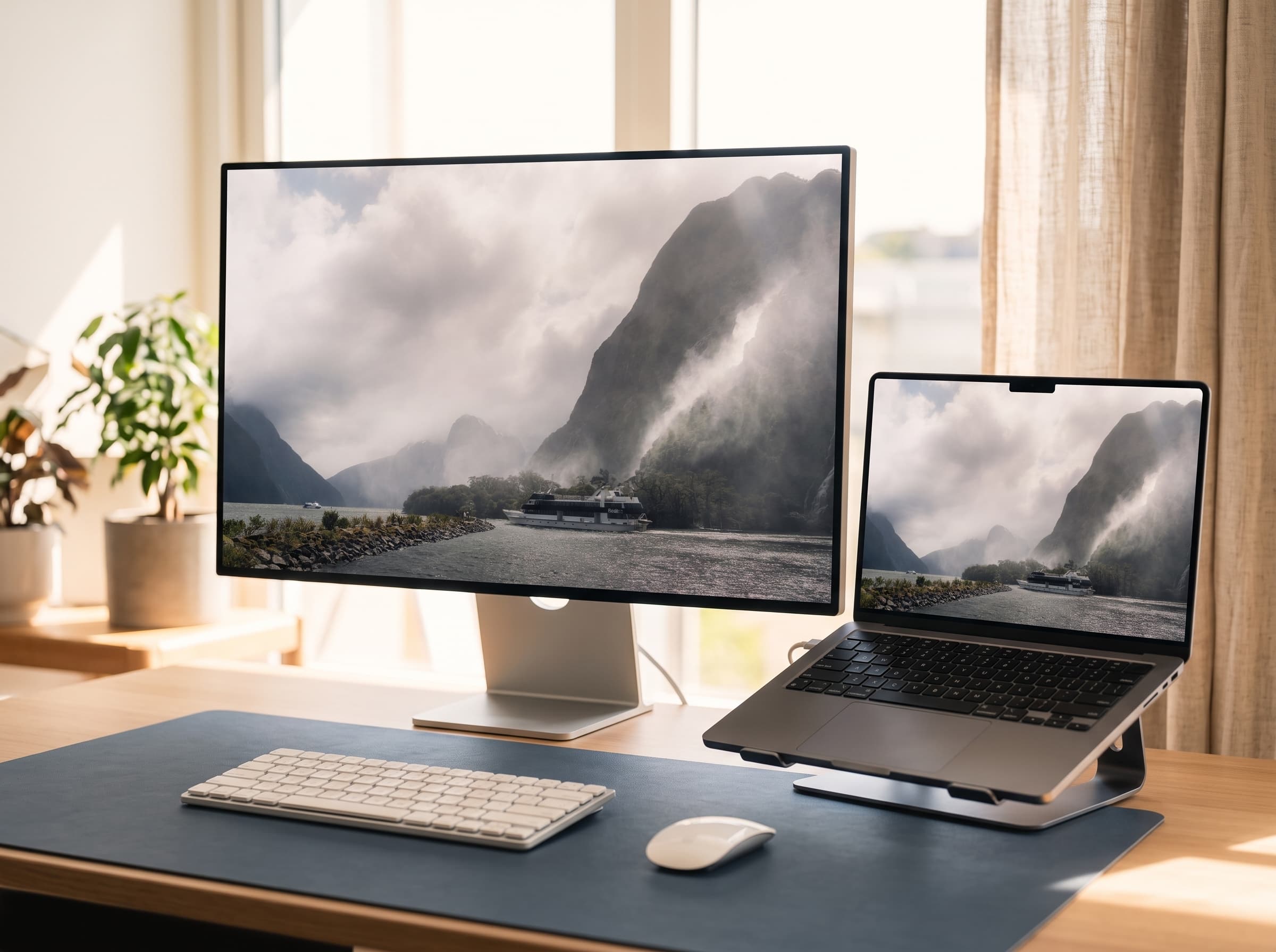 Desk setup showing Fiordland Mist wallpaper