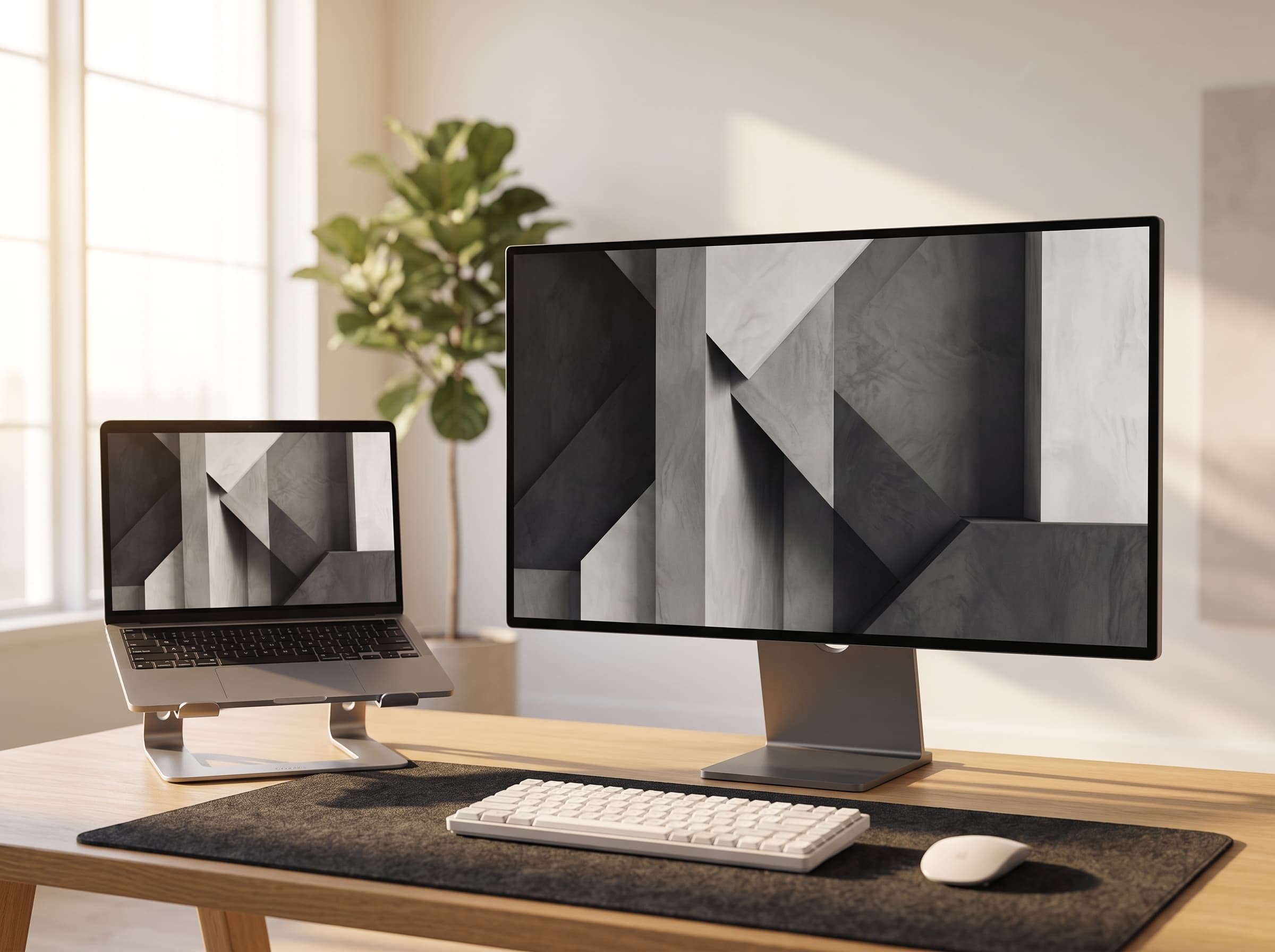 Desk setup showing Mono Minimal wallpaper