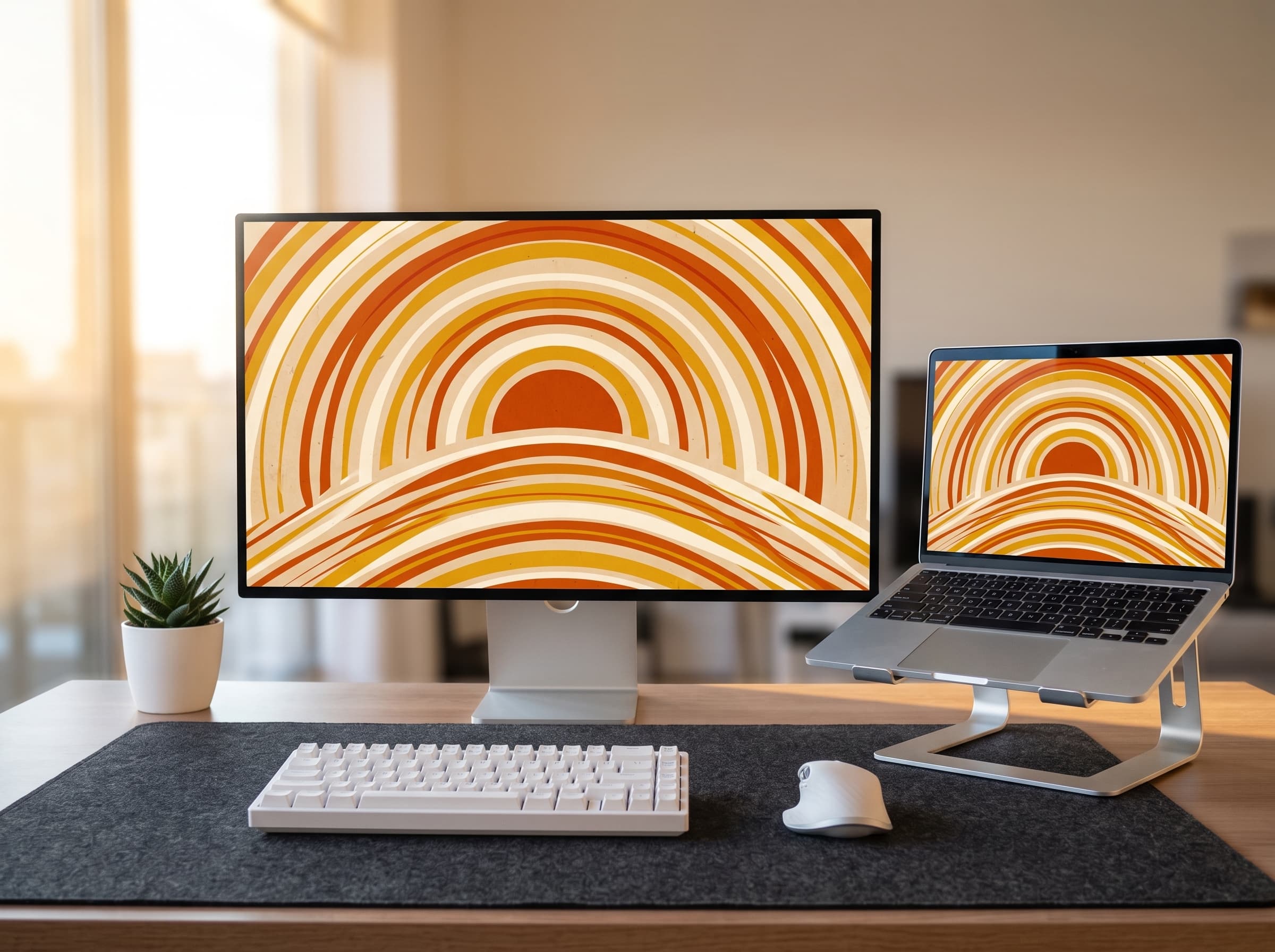 Desk setup showing Retro Lines wallpaper